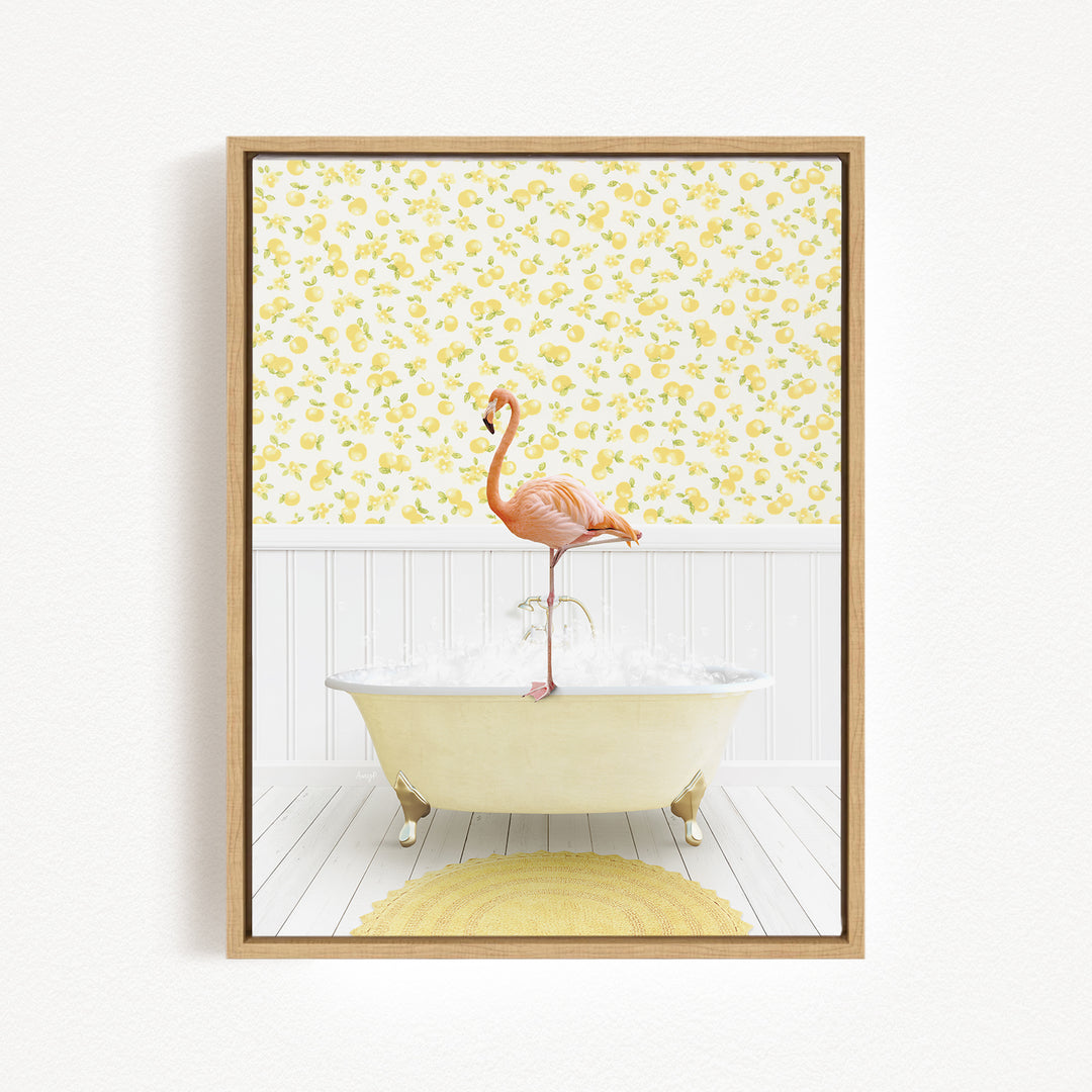 A pink flamingo stands on the edge of a white clawfoot bathtub, surrounded by a yellow floral wallpaper.