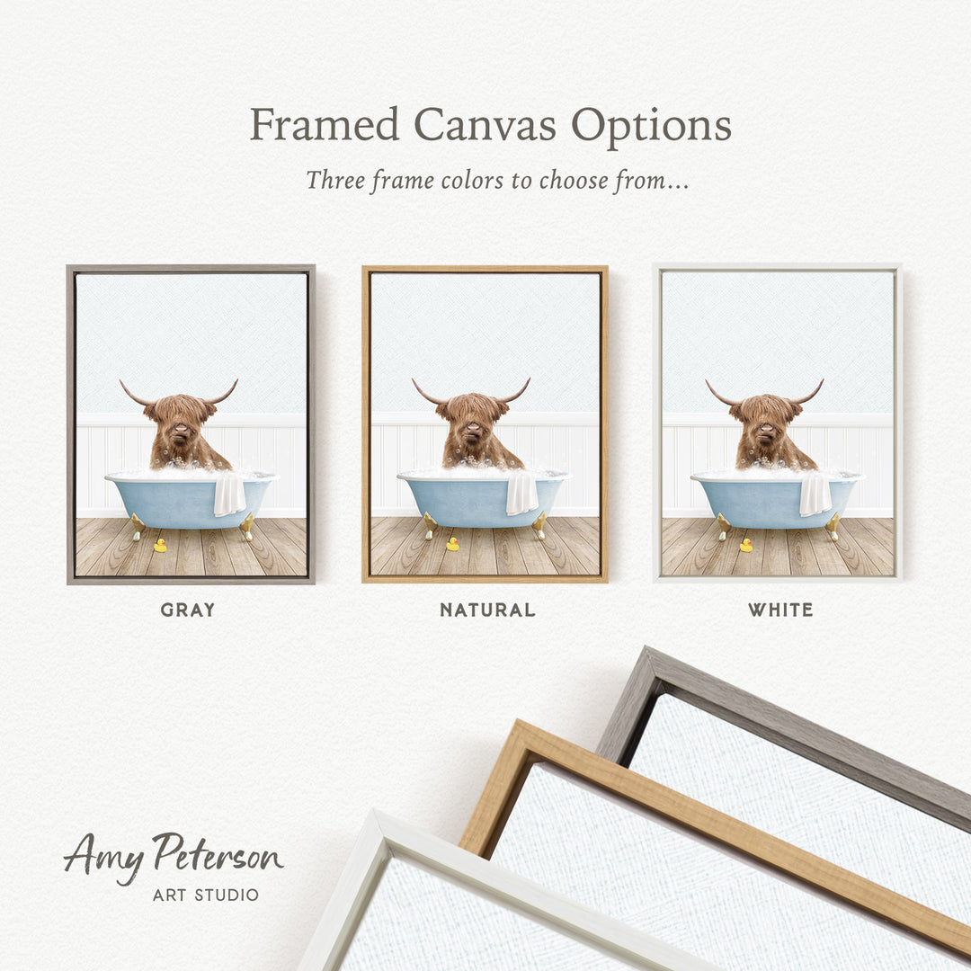 The image is a framed canvas option featuring a brown cow sitting in a bathtub, with three different frame colors to choose from: gray, natural, and white.