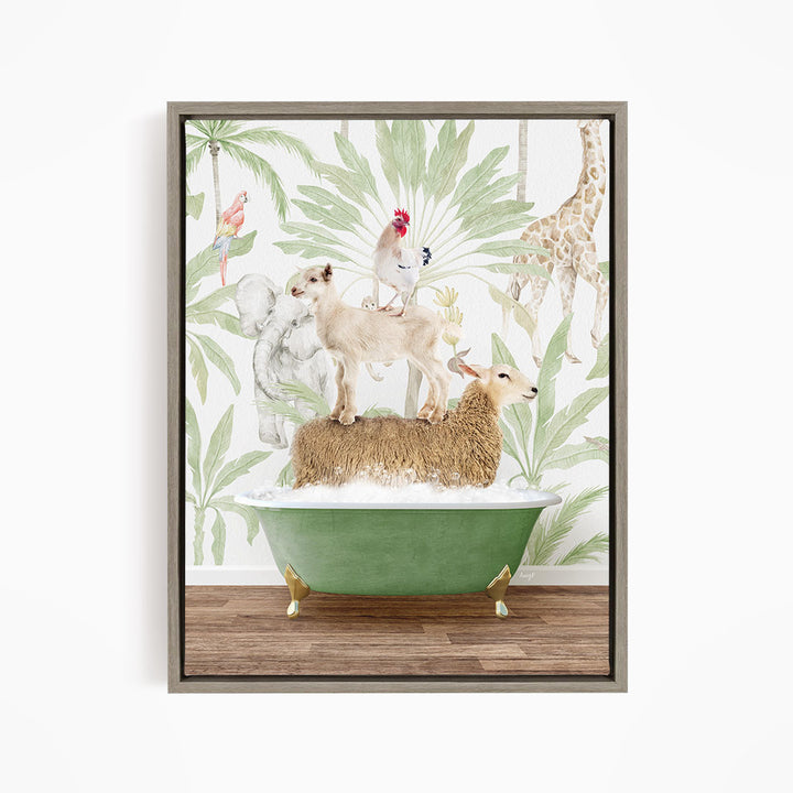 A framed collage of various animals, including a dog, cat, sheep, and bird, all sitting or standing on a green bathtub against a tropical wallpaper background.