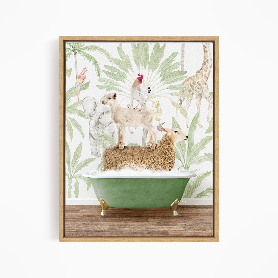 A framed illustration depicting a dog, a cat, a bird, and a sheep in a bathtub surrounded by tropical foliage.