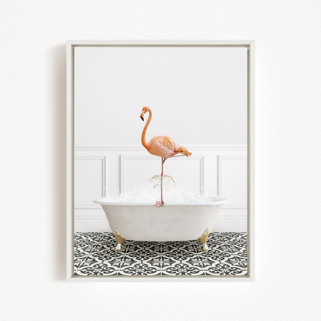 A pink flamingo standing on the edge of a white bathtub filled with water, set against a white wall with a black and white patterned floor.