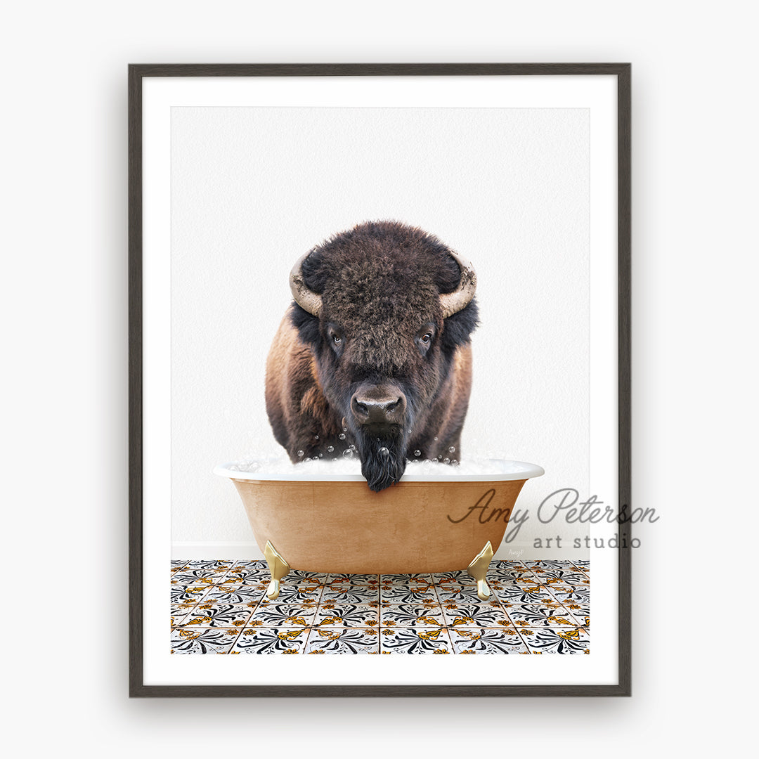 a picture of a bison taking a bath