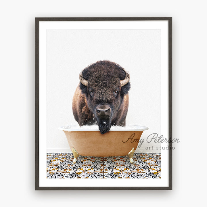 a picture of a bison taking a bath