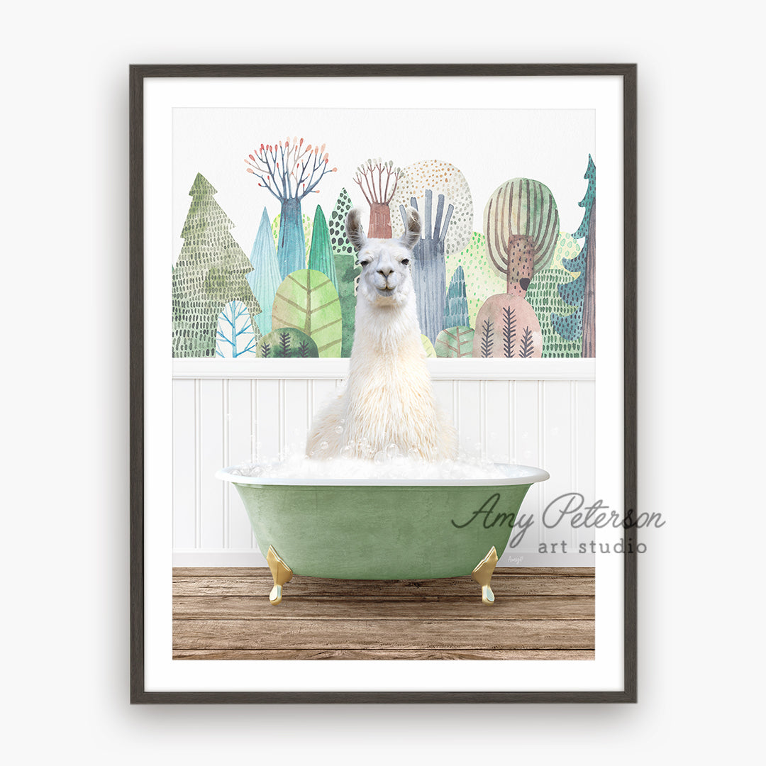 a picture of a llama in a bathtub