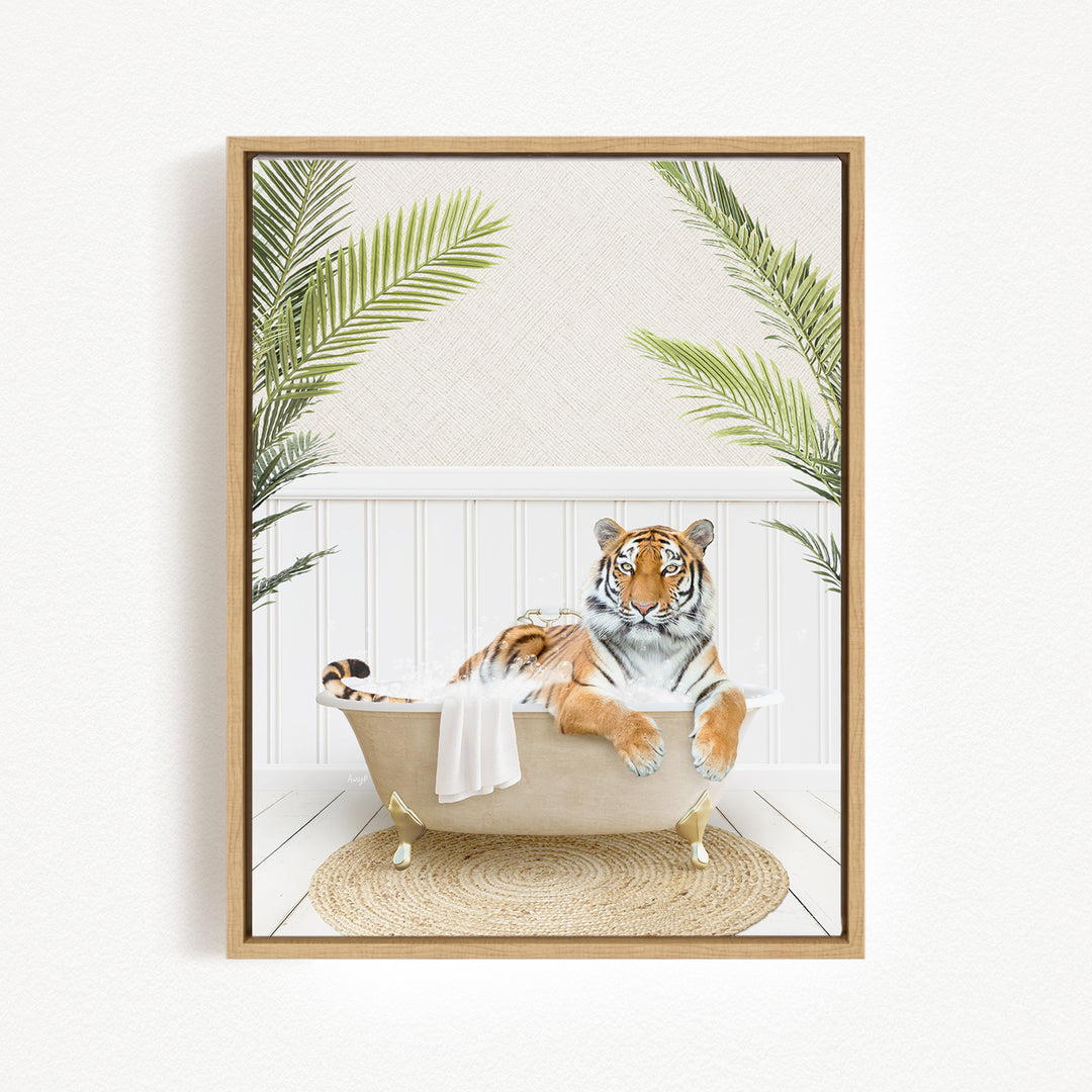 A tiger is sitting in a bathtub filled with water, surrounded by palm leaves, creating a whimsical and playful scene.