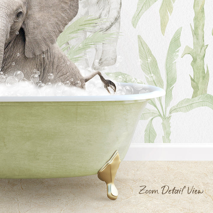 A large elephant is sitting in a green bathtub filled with bubbles, with a tropical plant wallpaper in the background.