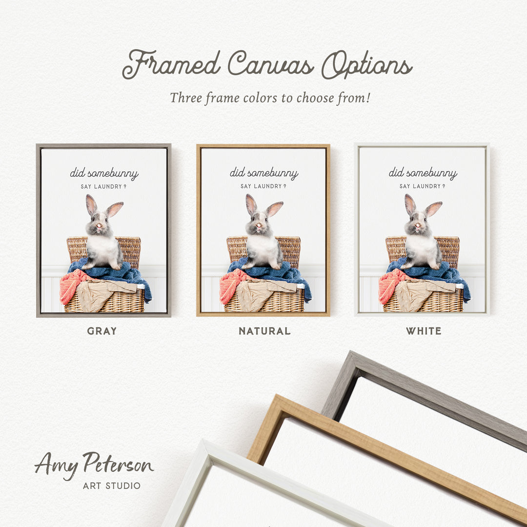 three framed canvas options, each featuring a different color and frame style. The options include a gray frame, a natural frame, and a white frame. The text above the options reads " Framed Canvas Options Three frame colors to choose from!".