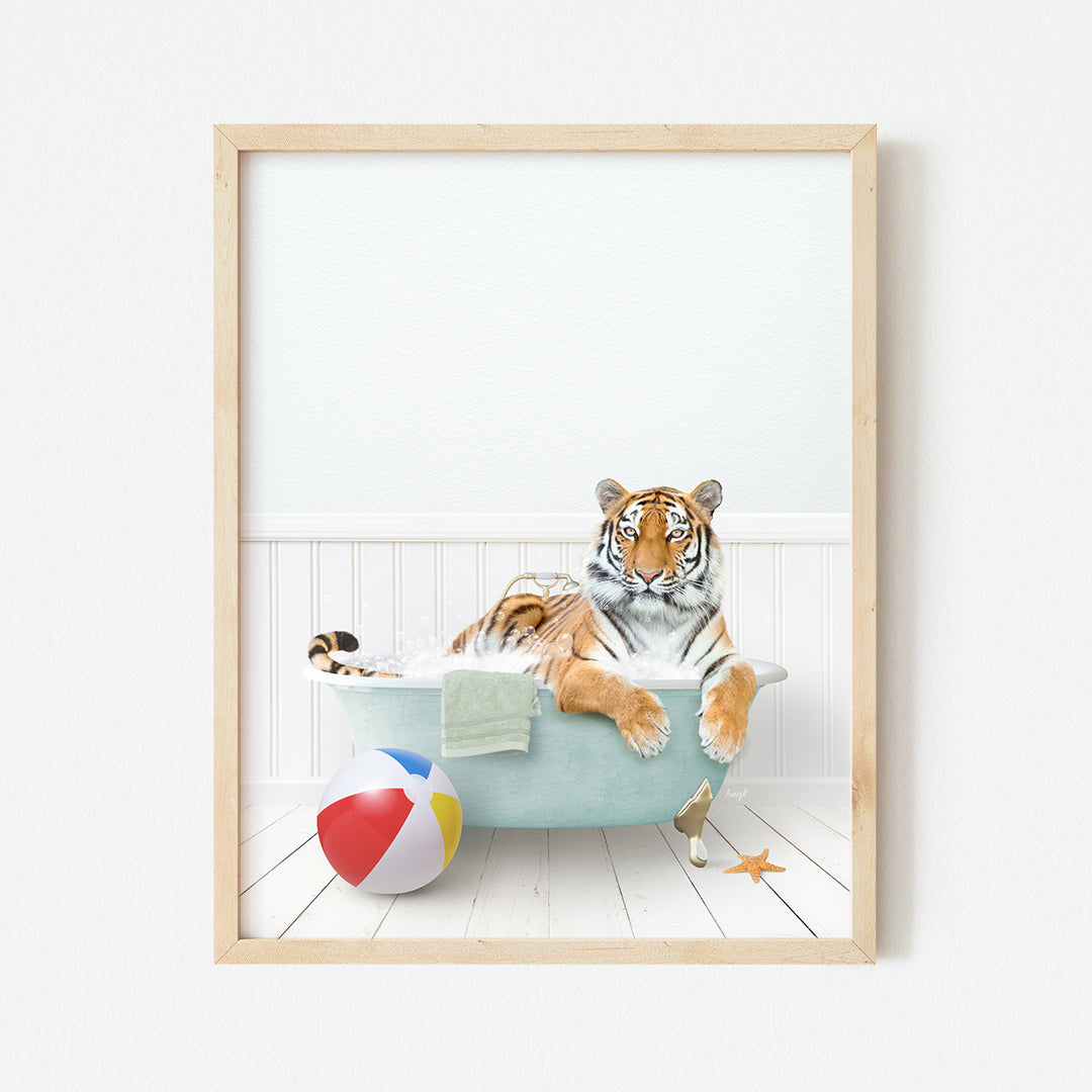 a picture of a tiger sitting in a bathtub