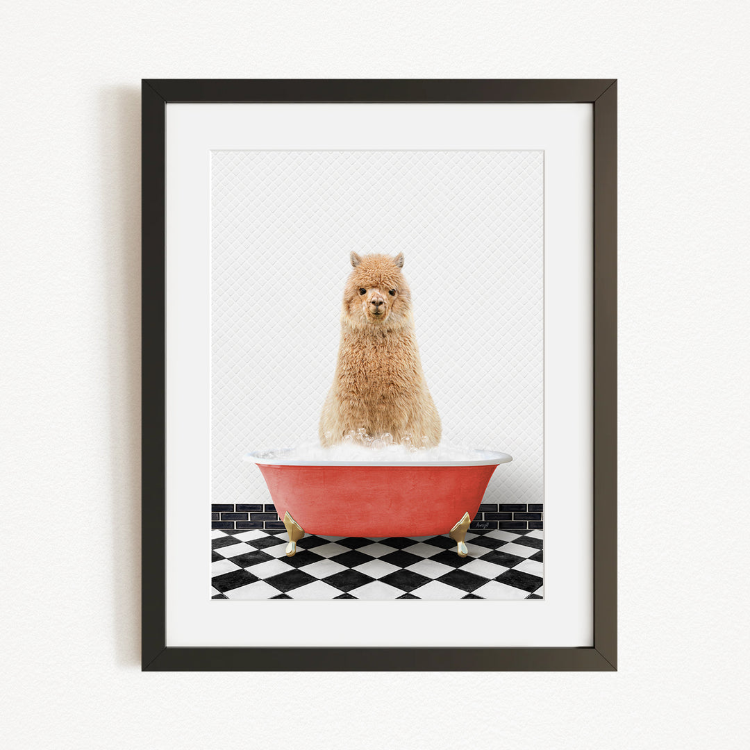 A fluffy brown dog sitting in a red bathtub filled with water, surrounded by a black and white checkered floor.