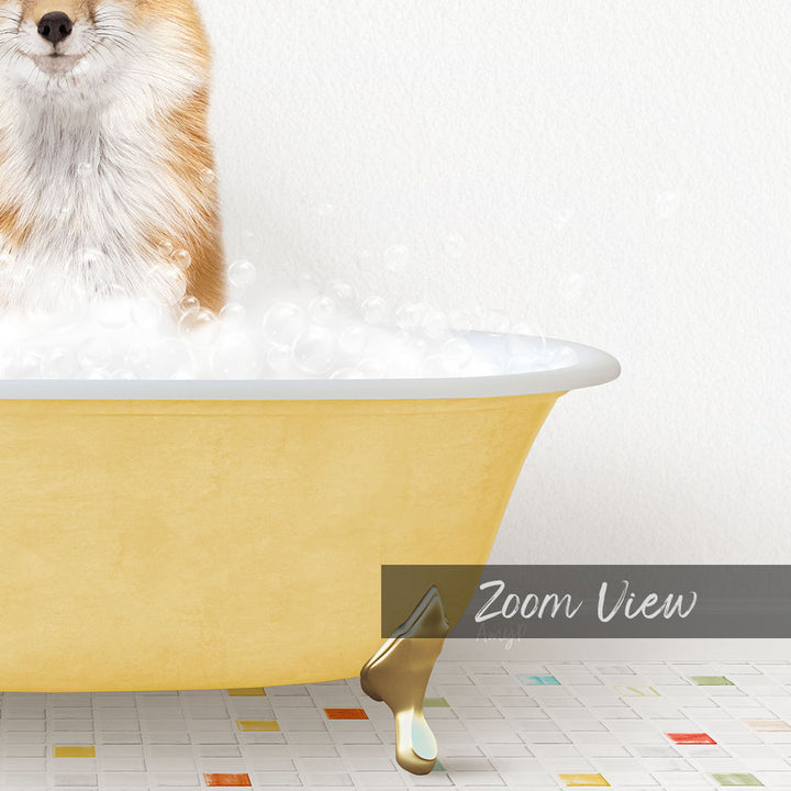A fluffy dog is sitting in a yellow bathtub filled with bubbles, with a text overlay that reads "Zoom View".