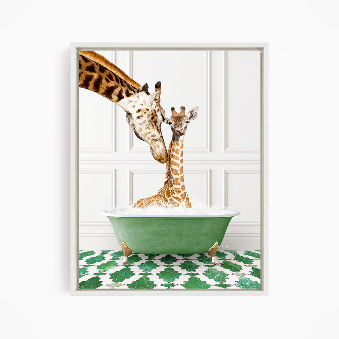 A mother giraffe and her baby giraffe are enjoying a relaxing bath together in a green bathtub, surrounded by a green and white patterned rug.