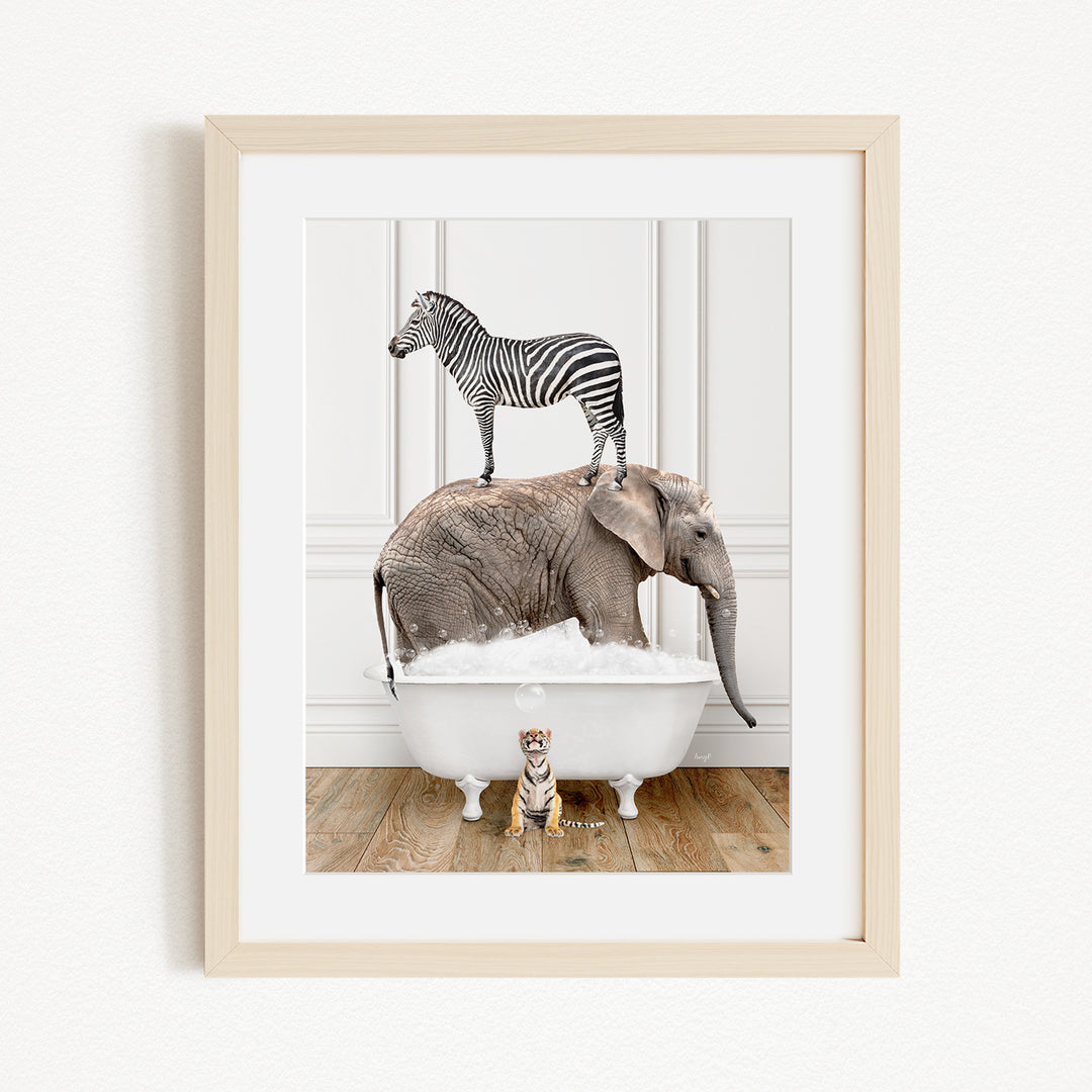 A zebra stands on the back of an elephant, which is sitting in a bathtub, with a small tiger standing on the edge of the tub.