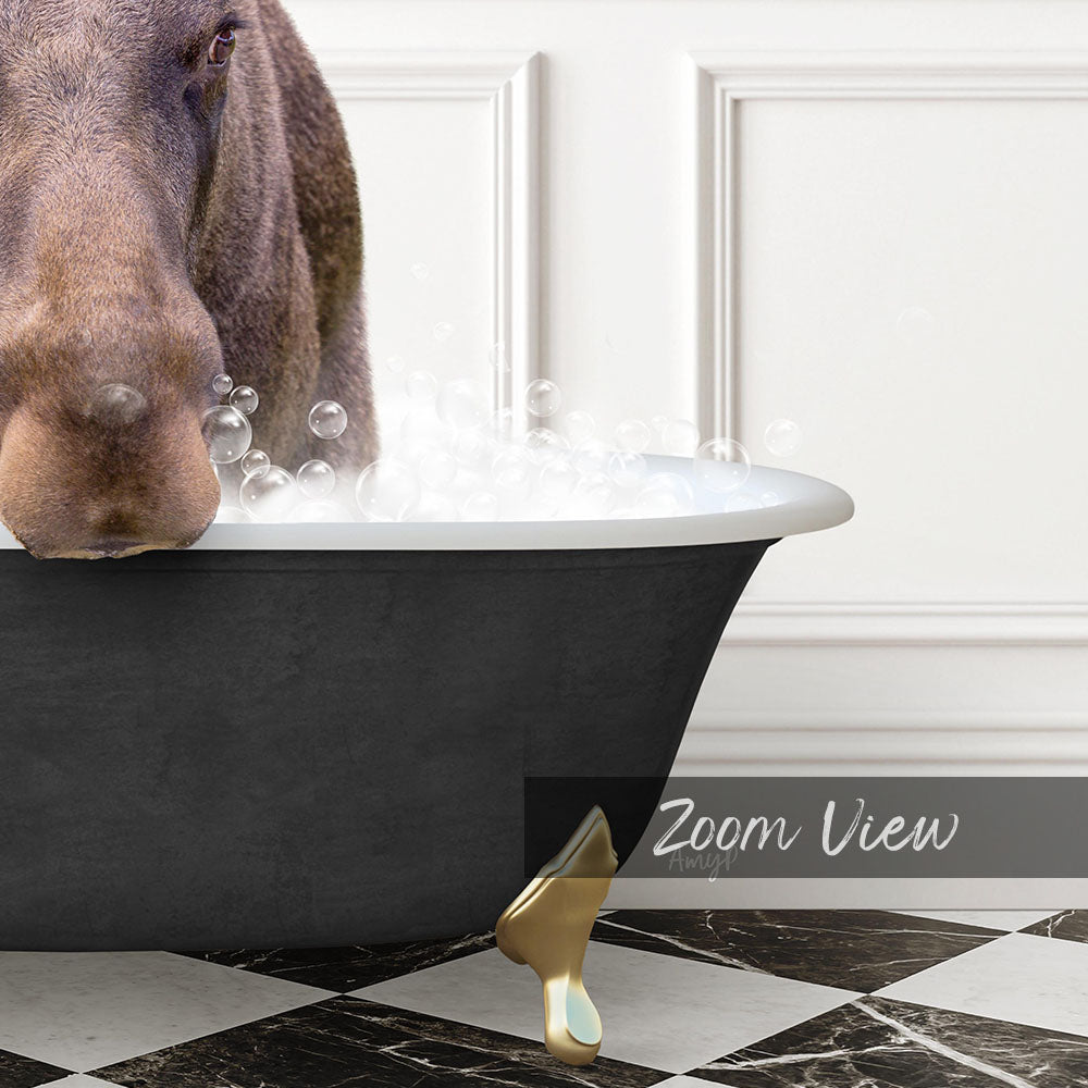 A dog is sitting in a bathtub filled with bubbles, with a black and white checkered floor and a white wall in the background.