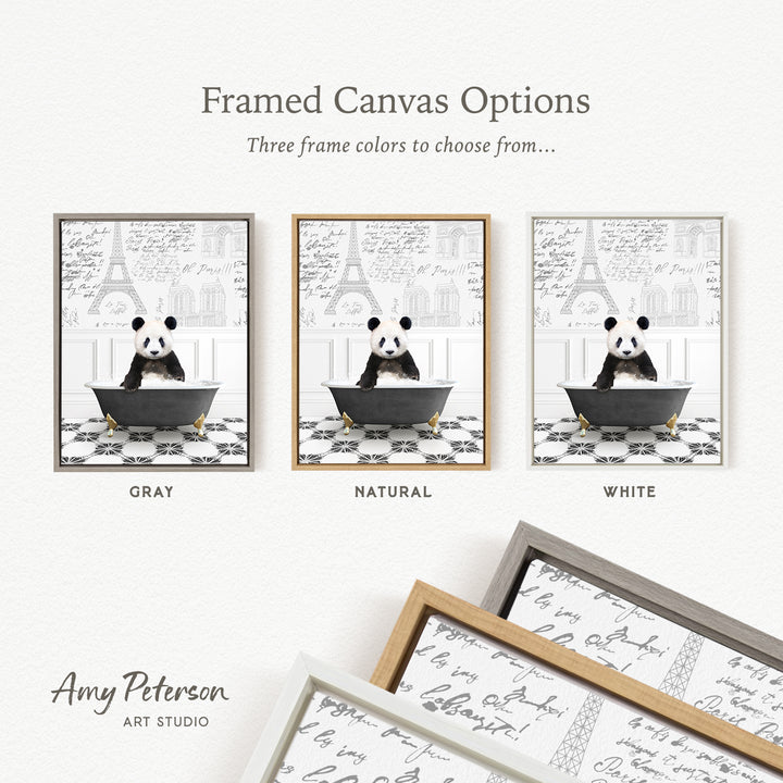 The image is a framed canvas option showcasing three different frame colors: gray, natural, and white. The canvas features a panda sitting in a bathtub, with the panda's black and white fur contrasting against the black and white background.
