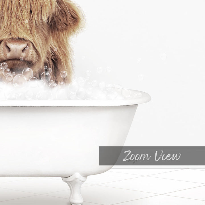 A close-up of a cow's head in a white bathtub filled with bubbles, with the text "Zoom View" below the image.