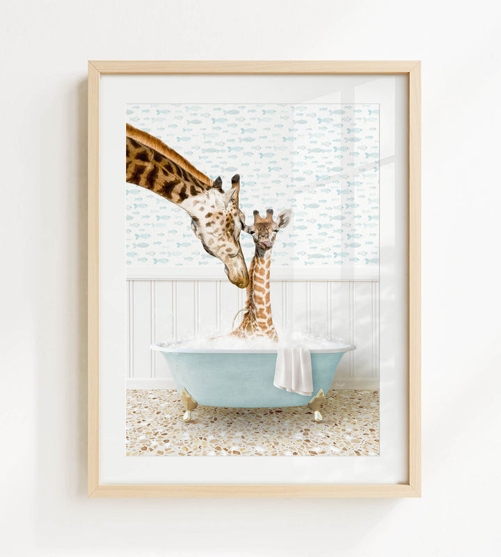 A giraffe and a baby giraffe are sitting in a blue bathtub filled with water, with the baby giraffe looking up at the adult giraffe.