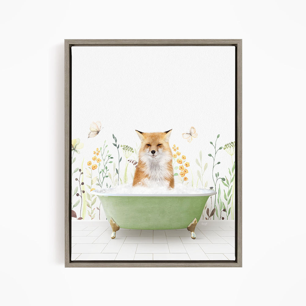 A fox is sitting in a green bathtub filled with water, surrounded by flowers and butterflies.