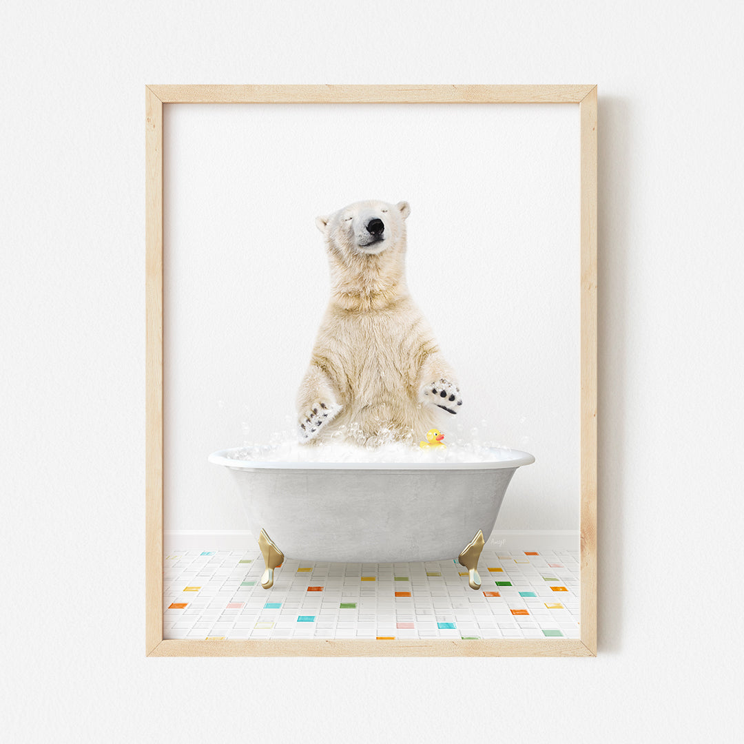 a polar bear sitting in a bath tub