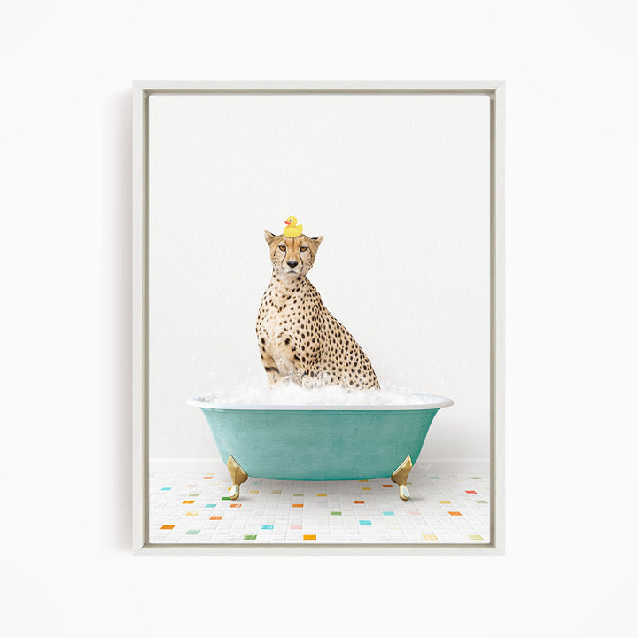 A cheetah sitting in a blue bathtub filled with water, wearing a yellow rubber duck hat.