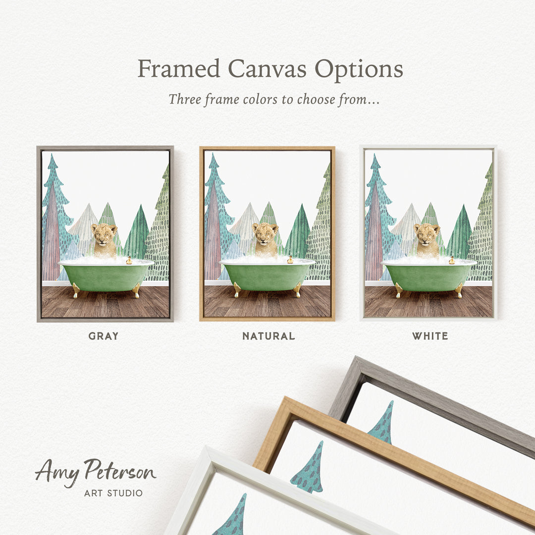 The image is a framed canvas option featuring three different color options for a painting of a cat sitting in a bathtub, with trees in the background.