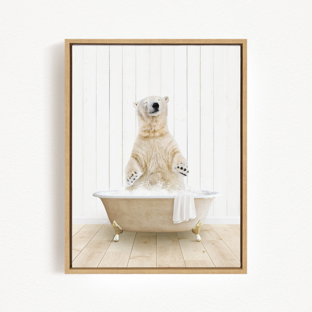 A polar bear standing in a bathtub filled with water, with its paws raised in the air.