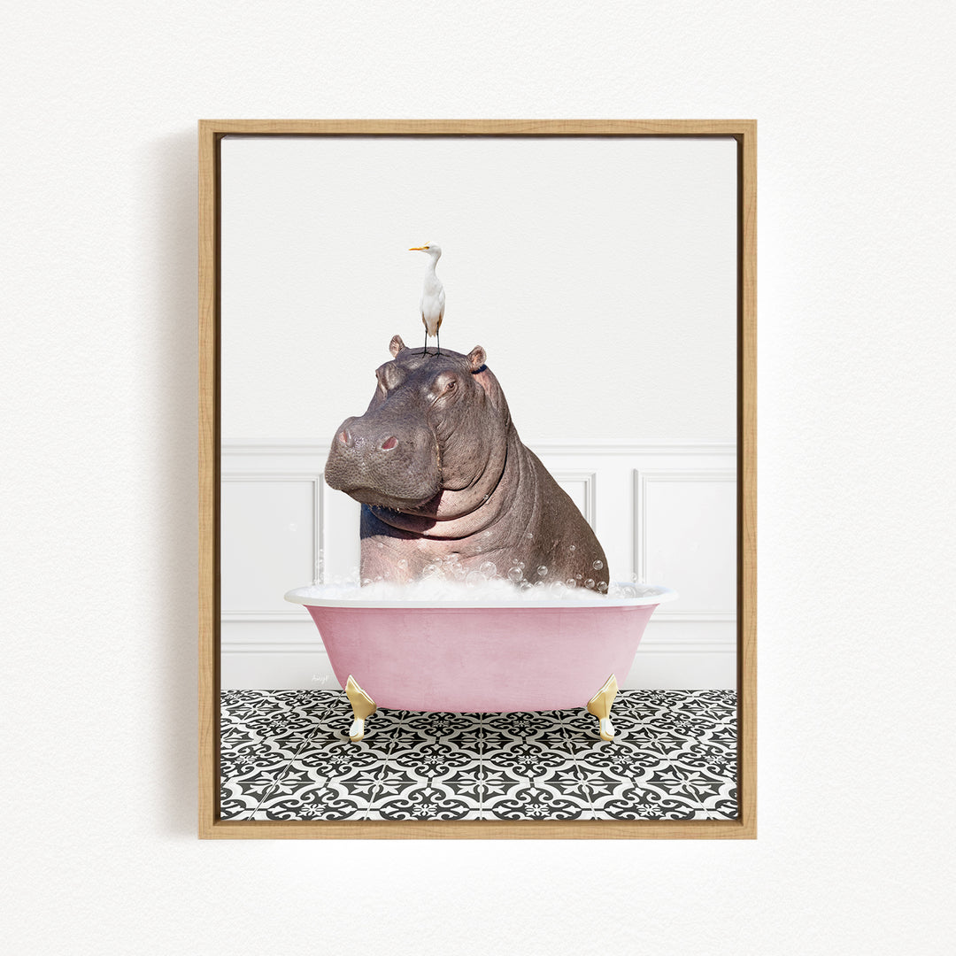 A hippopotamus sitting in a pink bathtub, with a bird perched on its head.