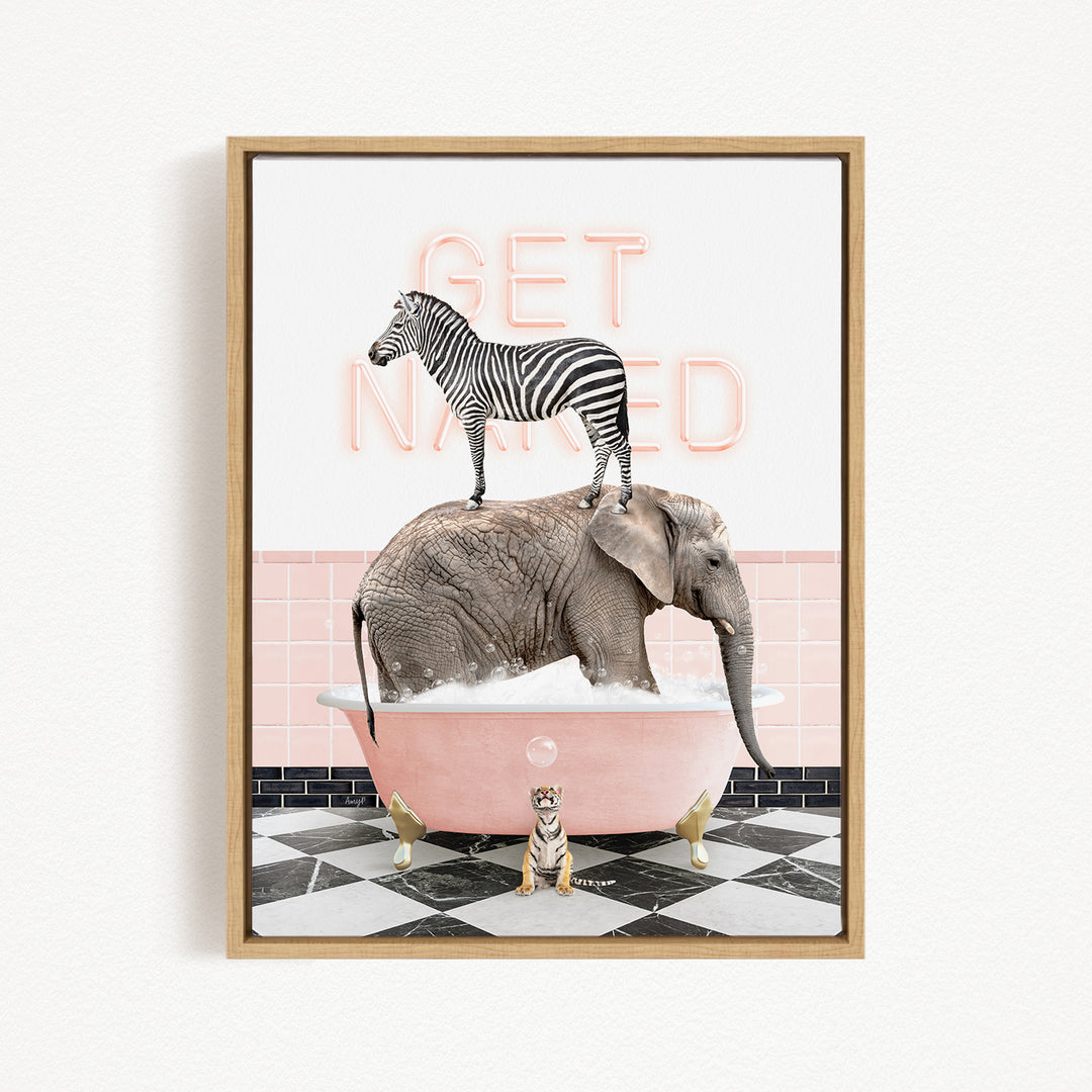 A zebra standing on the back of an elephant while both animals are in a pink bathtub, with a tiger sitting nearby.