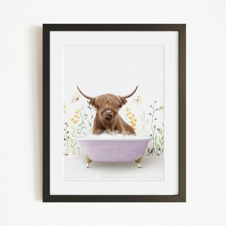 A brown cow with large horns is sitting in a purple bathtub, surrounded by flowers and butterflies.
