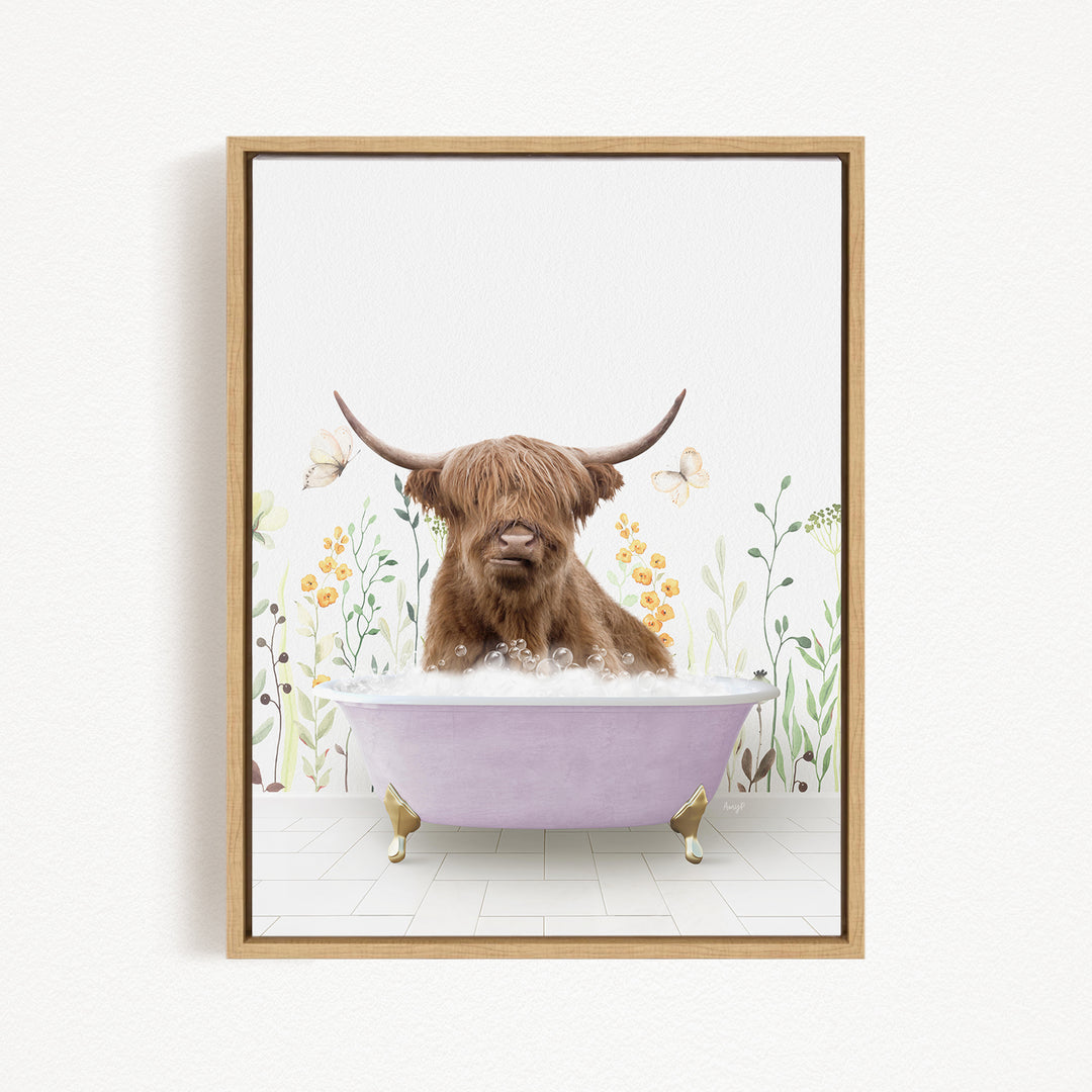 A Highland cow is sitting in a bathtub filled with water, surrounded by flowers and butterflies.