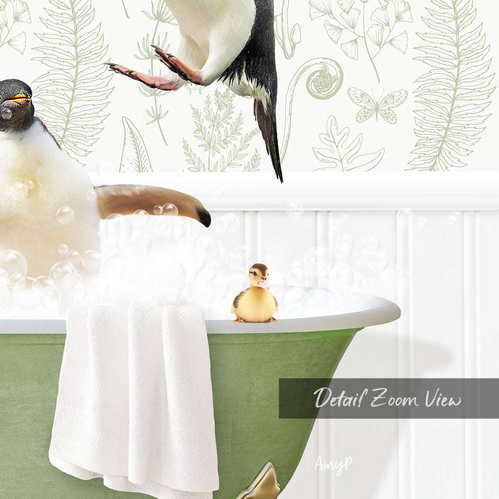 A baby duck sitting in a bathtub filled with bubbles, surrounded by a penguin and a butterfly, with a green bathtub and a floral pattern on the wall behind them.