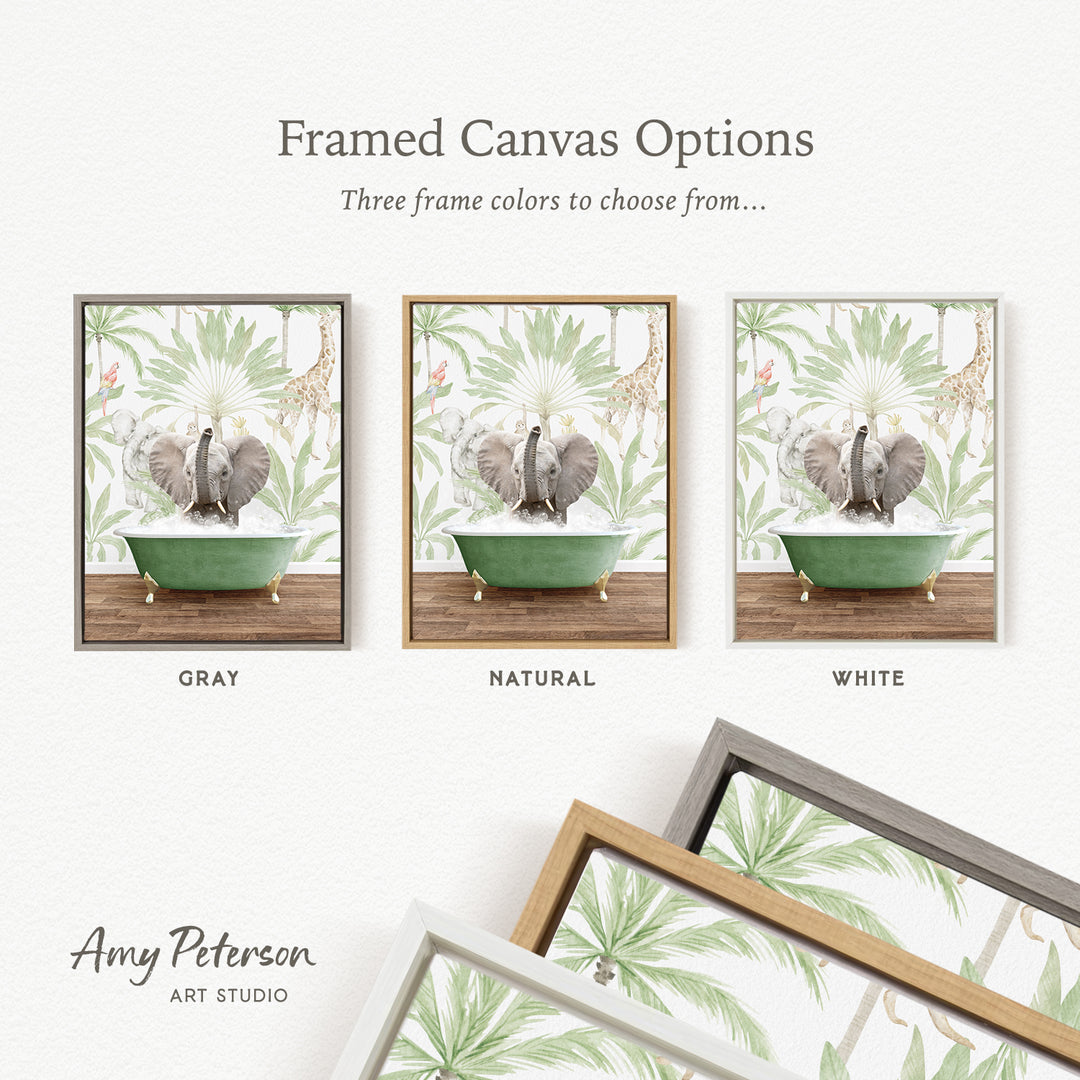 three framed canvas options, each featuring a different color and frame style. The options include a gray frame, a natural frame, and a white frame, each with a different background design.