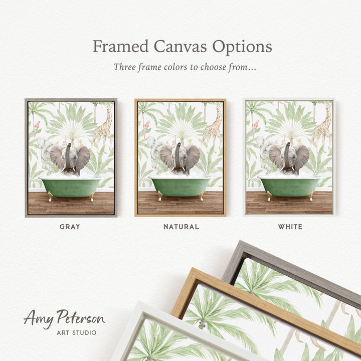 three framed canvas options, each featuring a different color and frame style. The options include a gray frame, a natural frame, and a white frame, each with a different background design.