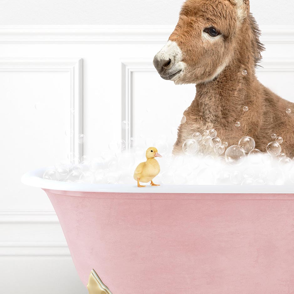 Baby Donkey and Duckling in Stencil Tile with Pink Bathtub Bath
