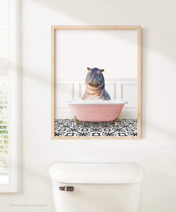 Baby Hippo in Stencil Tile with Pink Bathtub Bath