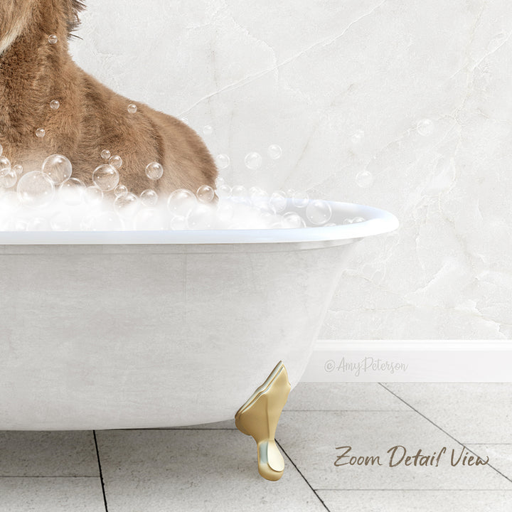 A dog is sitting in a white bathtub filled with bubbles, enjoying a relaxing bath.