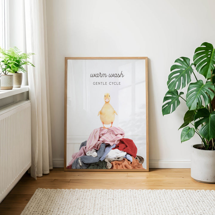 a poster with a duck standing on a pile of clothes, accompanied by the text "Warm wash Gentle Cycle".