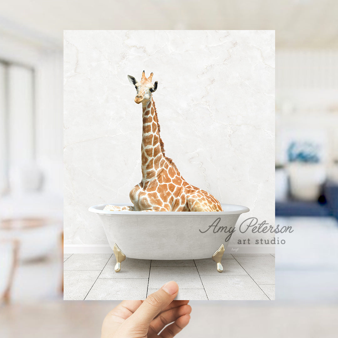 a giraffe is sitting in a bath tub