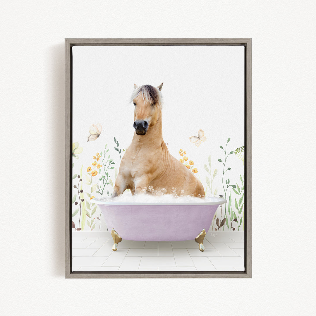 A light brown horse is sitting in a purple bathtub filled with bubbles, surrounded by flowers and butterflies.