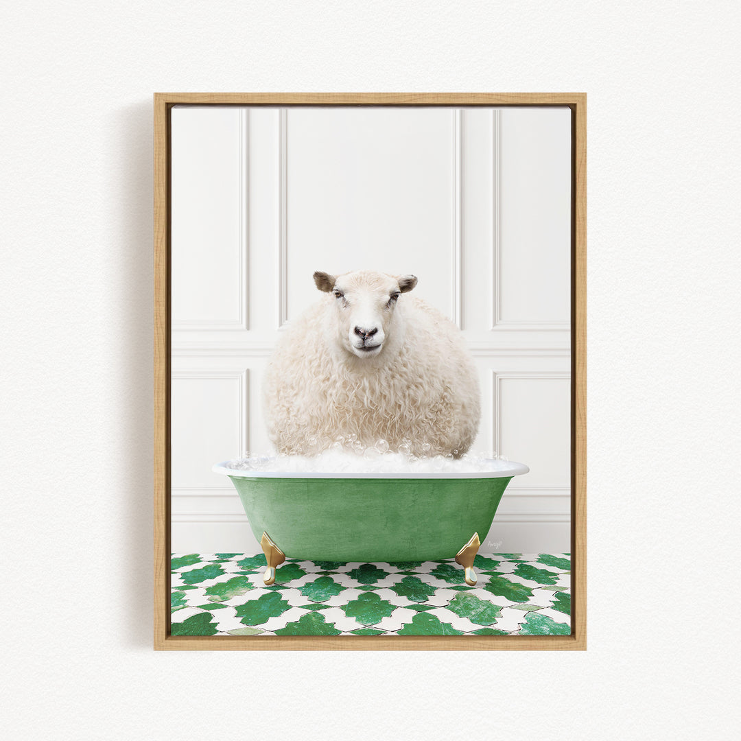 A fluffy white sheep sits in a green bathtub, surrounded by a patterned green and white floor.