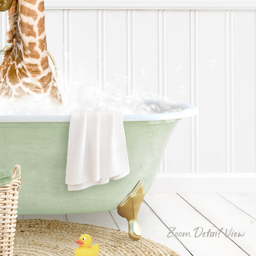 A green clawfoot bathtub filled with bubbles, with a towel hanging on the side and a yellow rubber duck sitting in the water.