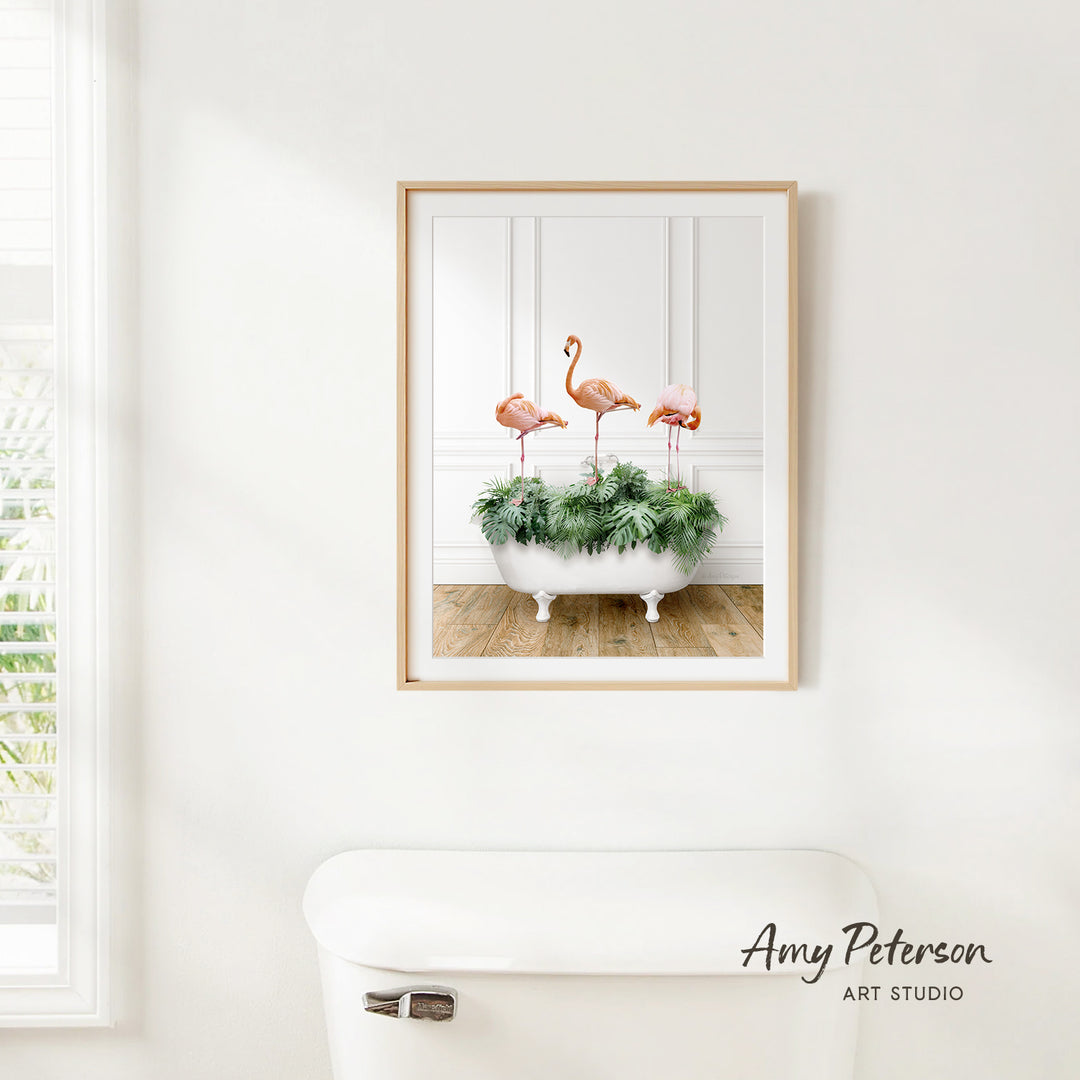 Three Flamingos in Traditional Panel Bath Style