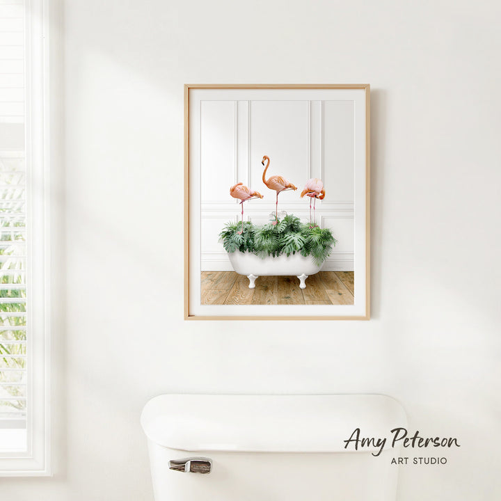 Three Flamingos in Traditional Panel Bath Style