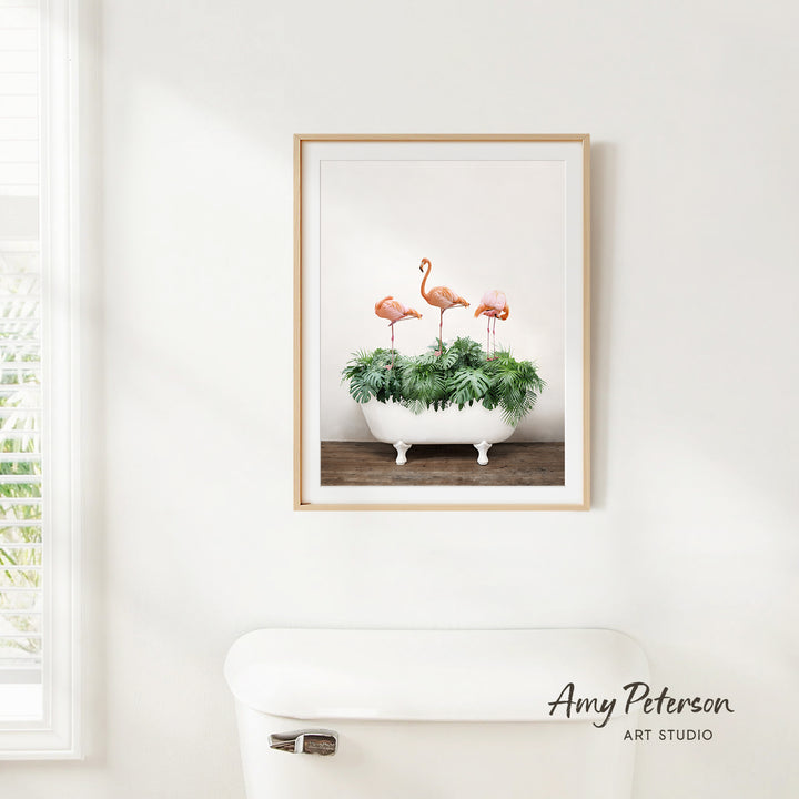 Three Flamingos with Tropical Leaves in Rustic Bath