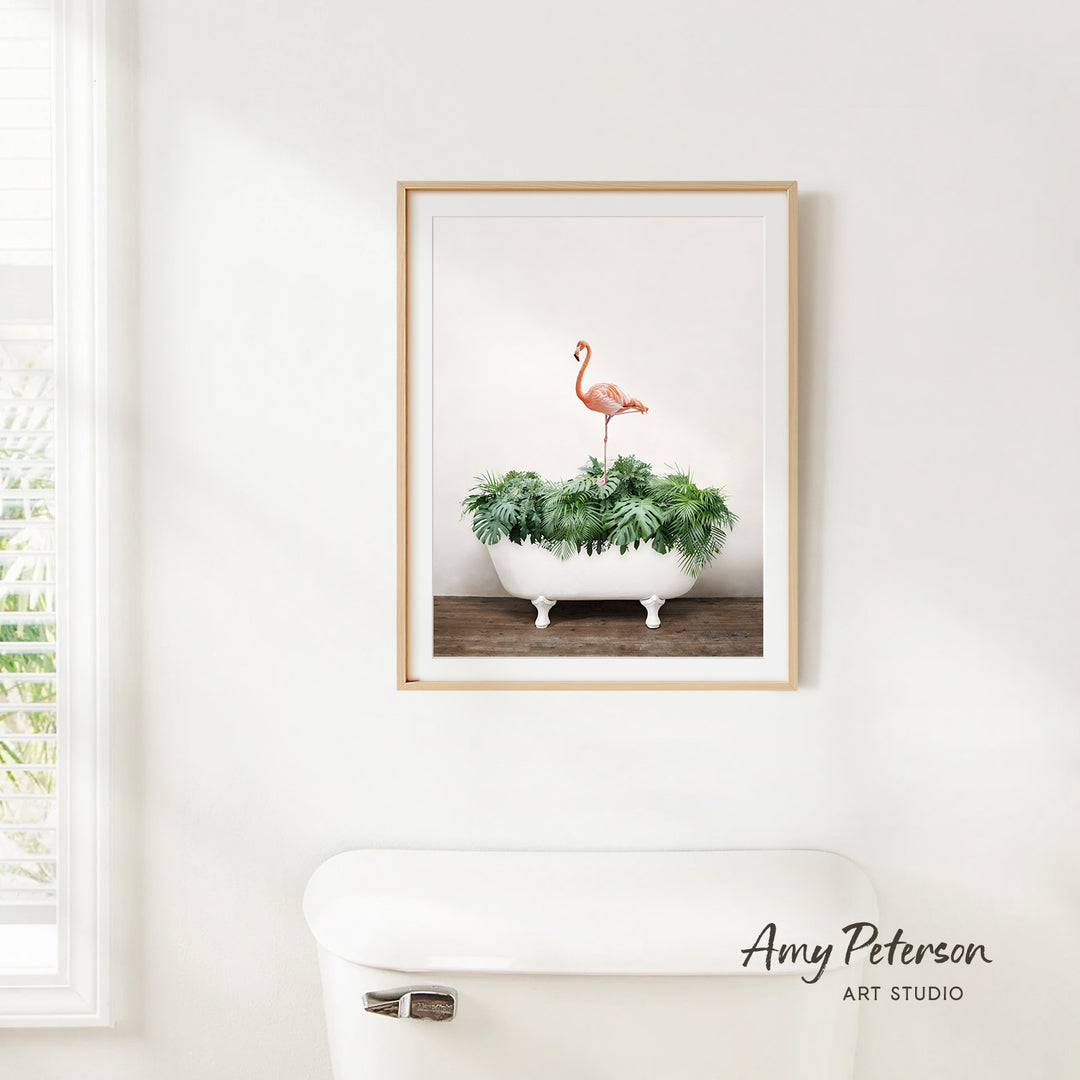 Flamingo on Tropical Leaves in Rustic Bath