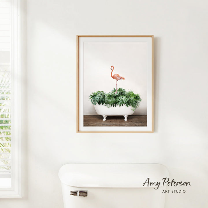 Flamingo on Tropical Leaves in Rustic Bath