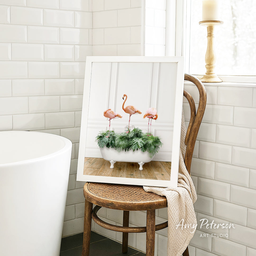 Three Flamingos in Traditional Panel Bath Style