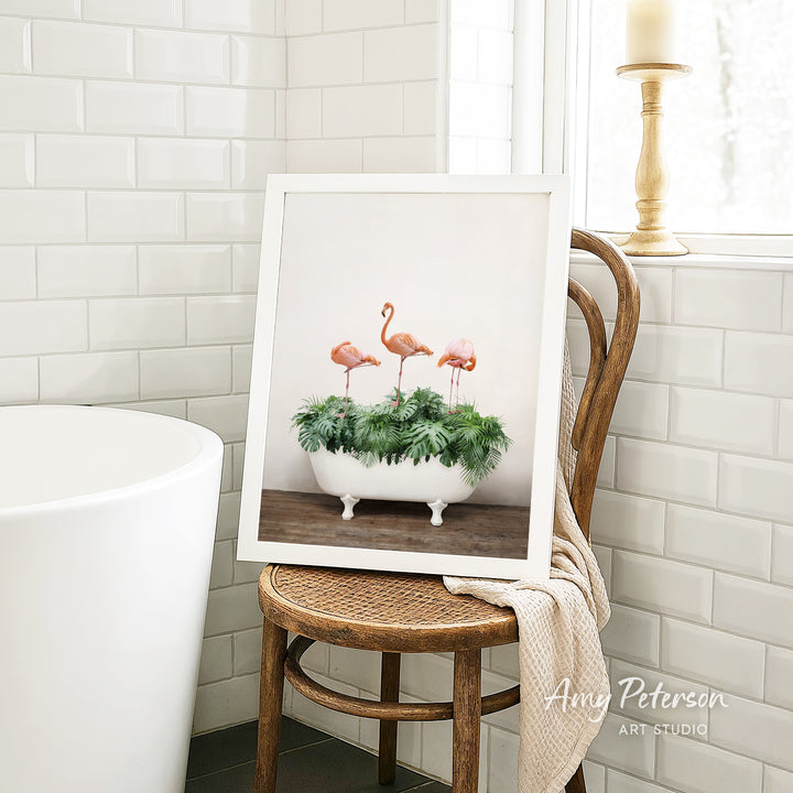 Three Flamingos with Tropical Leaves in Rustic Bath