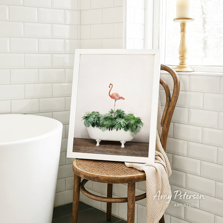 Flamingo on Tropical Leaves in Rustic Bath