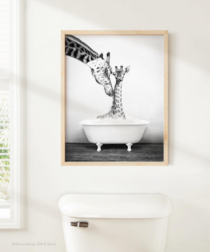 Mother and Baby Giraffe in Rustic Black and White