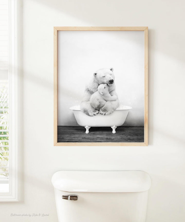 Mother and Baby Polar Bear in Rustic Black and White